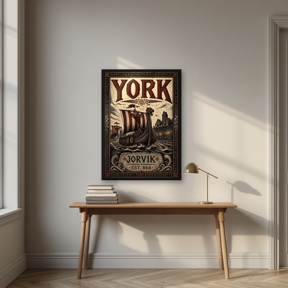 Jorvik — York art print, in a black frame, styled in a desk