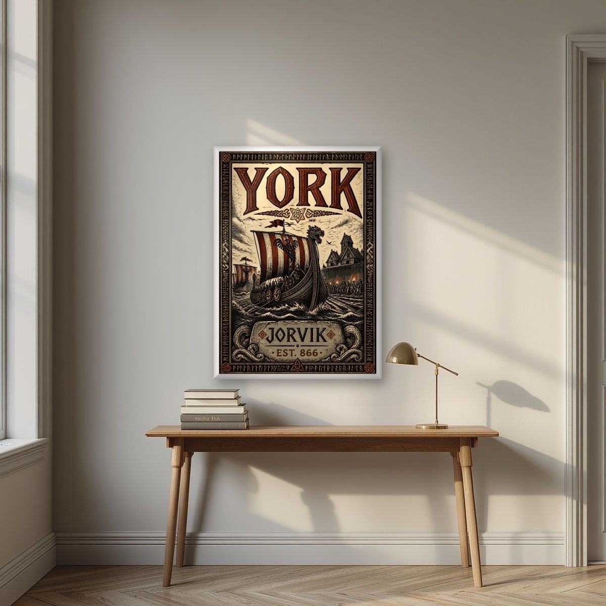 Jorvik — York art print, in a white frame, styled in a desk