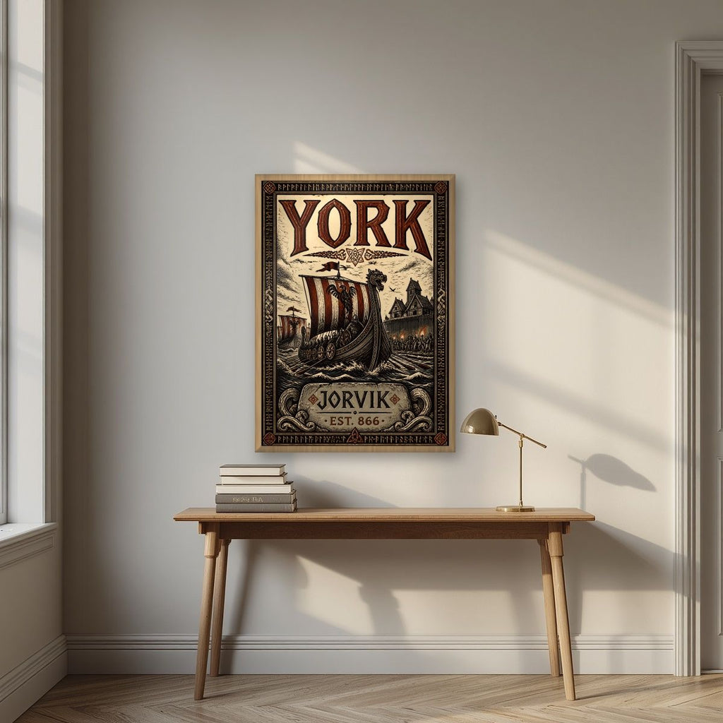 Jorvik — York art print, in an oak frame, styled in a desk