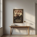 Jorvik — York art print, in an oak frame, styled in a desk