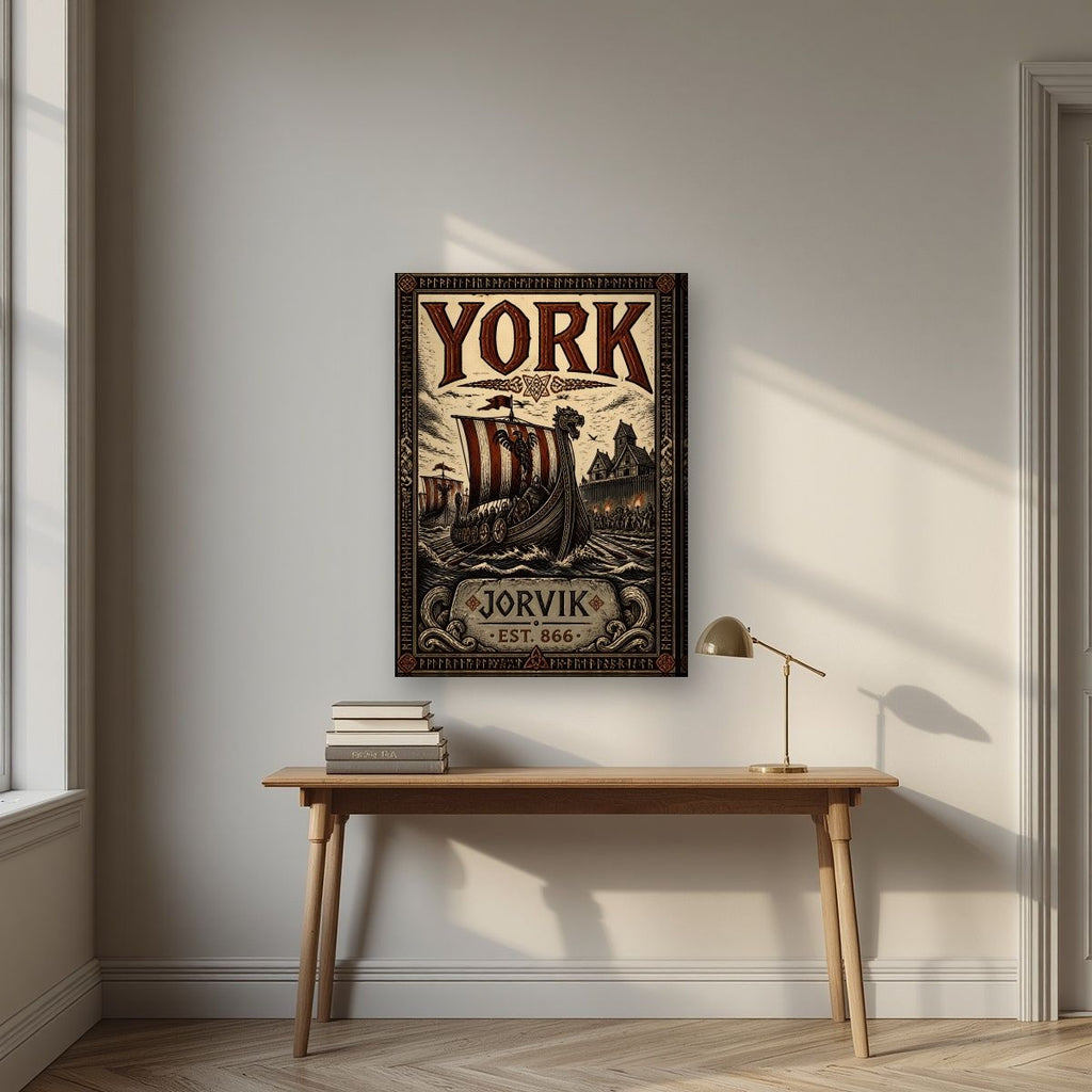 Jorvik — York art print, on slim canvas, styled in a desk