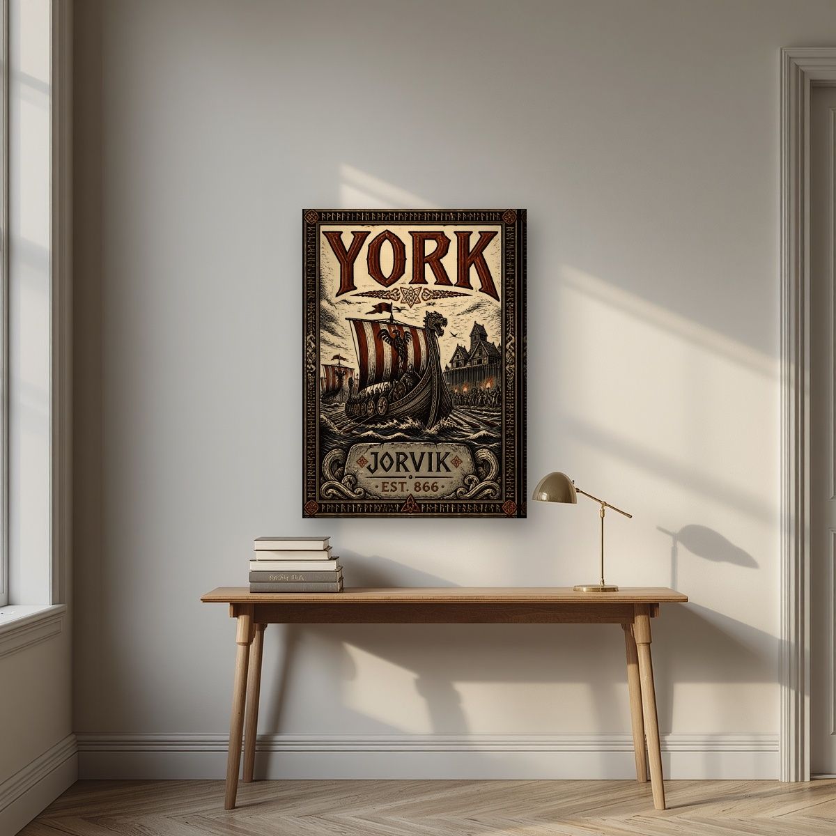 Jorvik — York art print, on slim canvas, styled in a desk