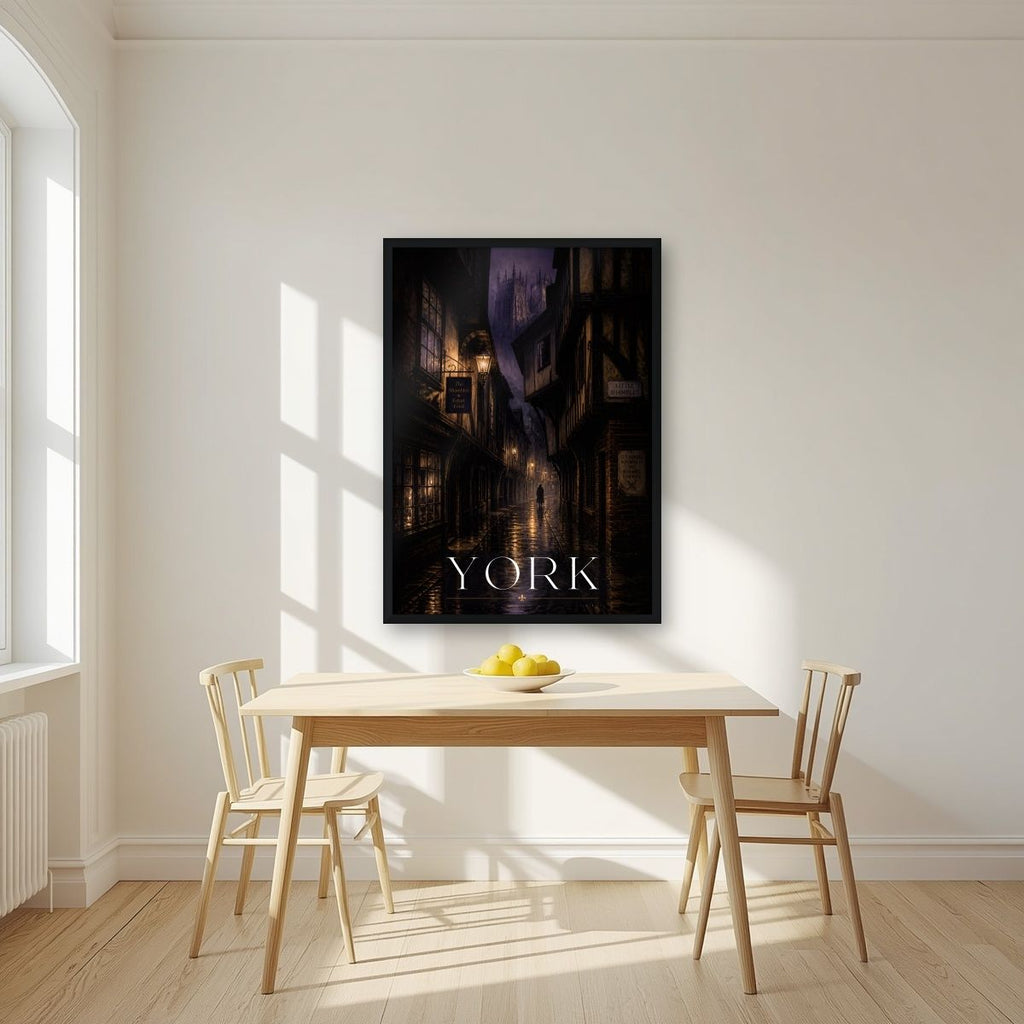 Little Shambles — York art print, in a black frame, styled in a kitchen