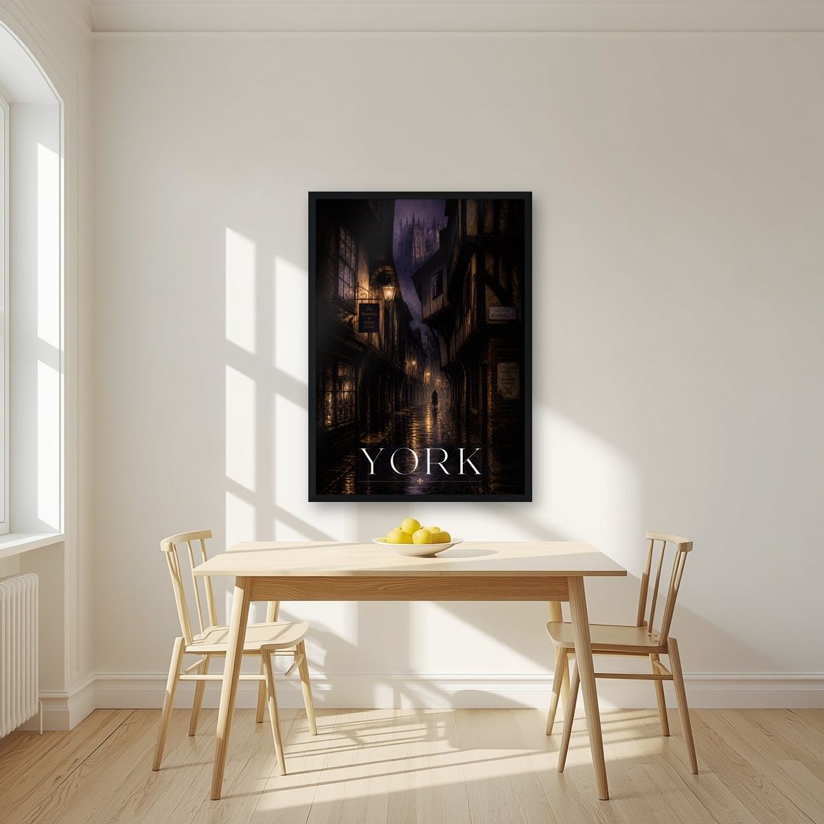 Little Shambles — York art print, in a black frame, styled in a kitchen