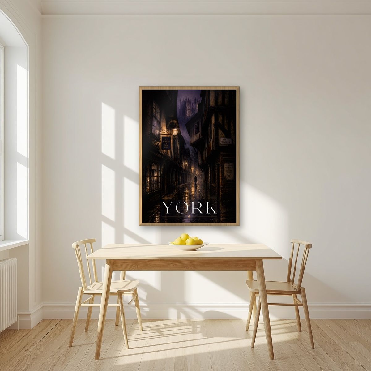 Little Shambles — York art print, in an oak frame, styled in a kitchen