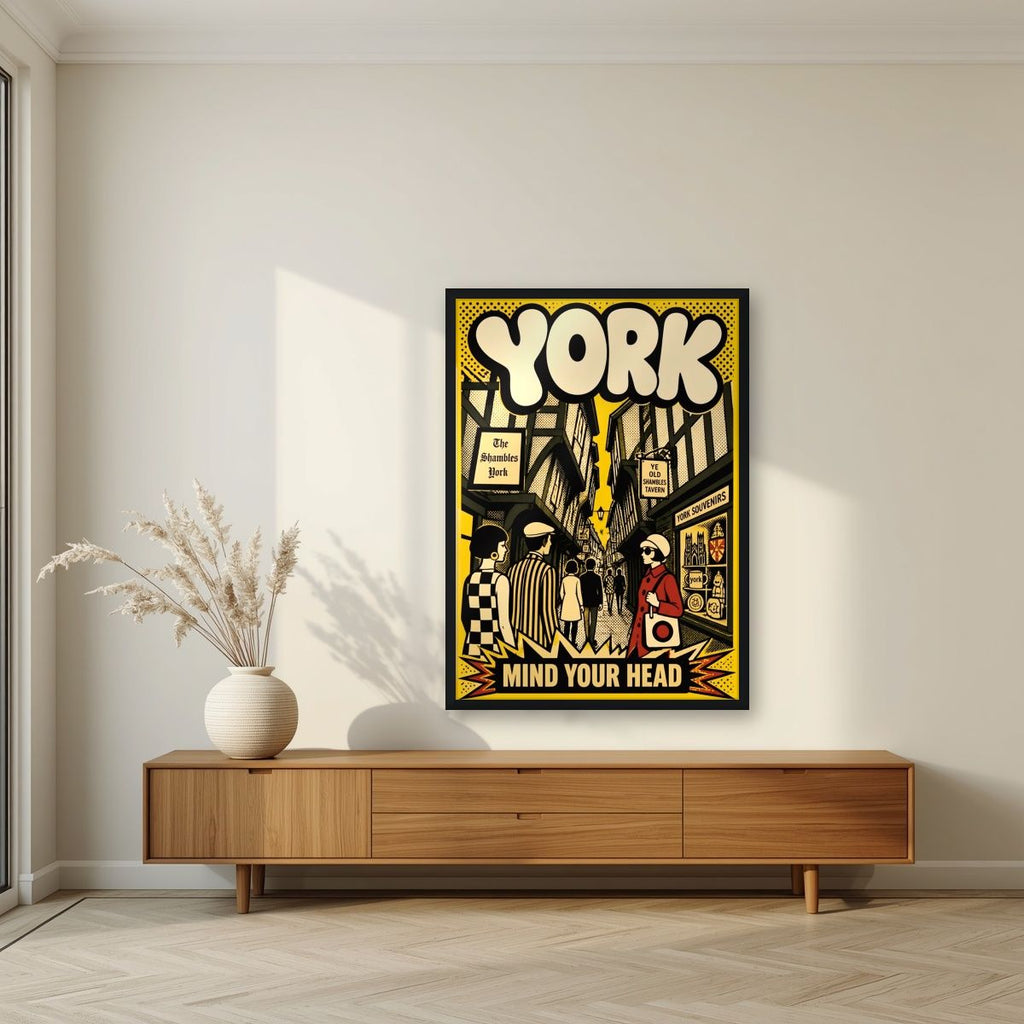 Mind Your Head — York art print, in a black frame, styled in a living room