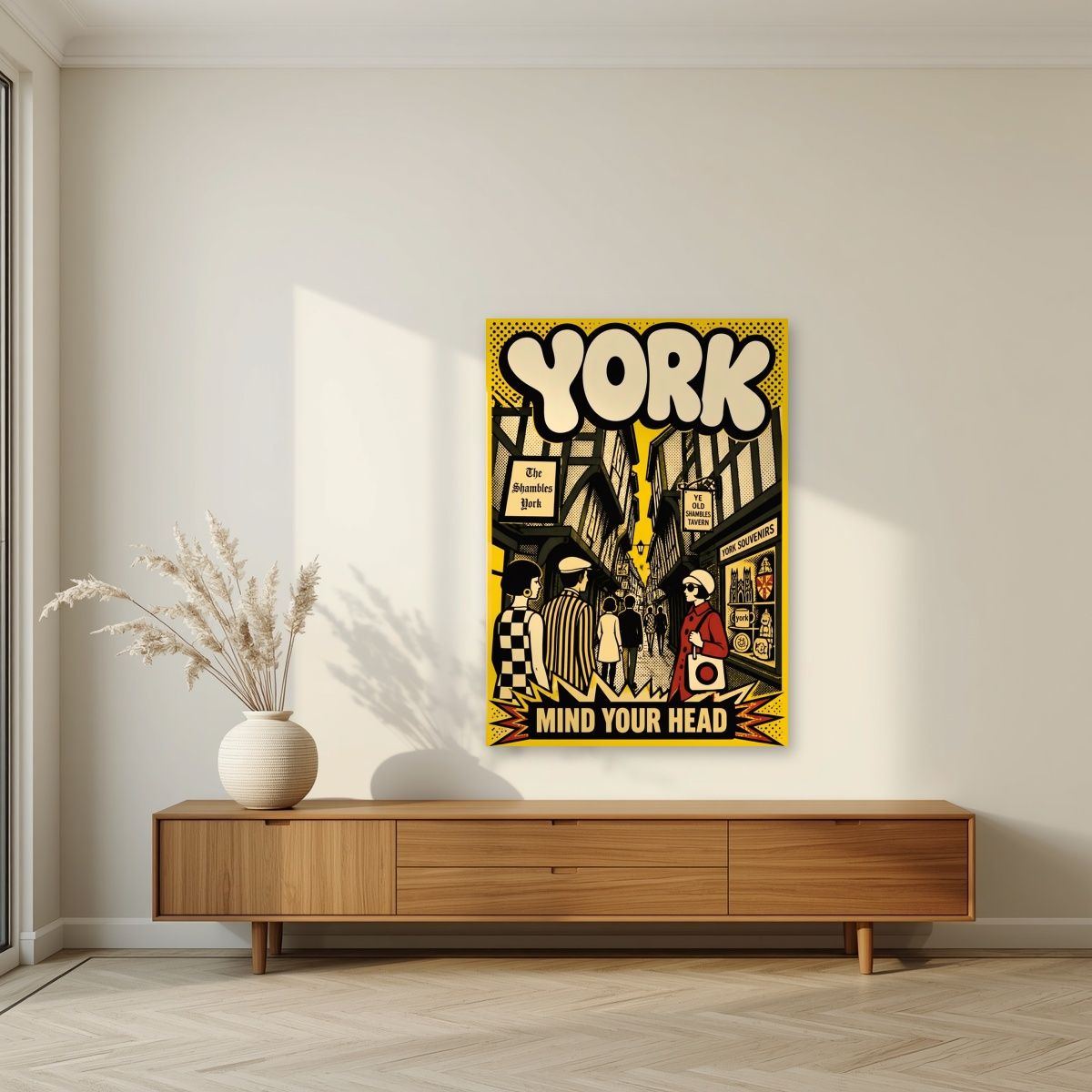Mind Your Head — York art print, unframed poster, styled in a living room