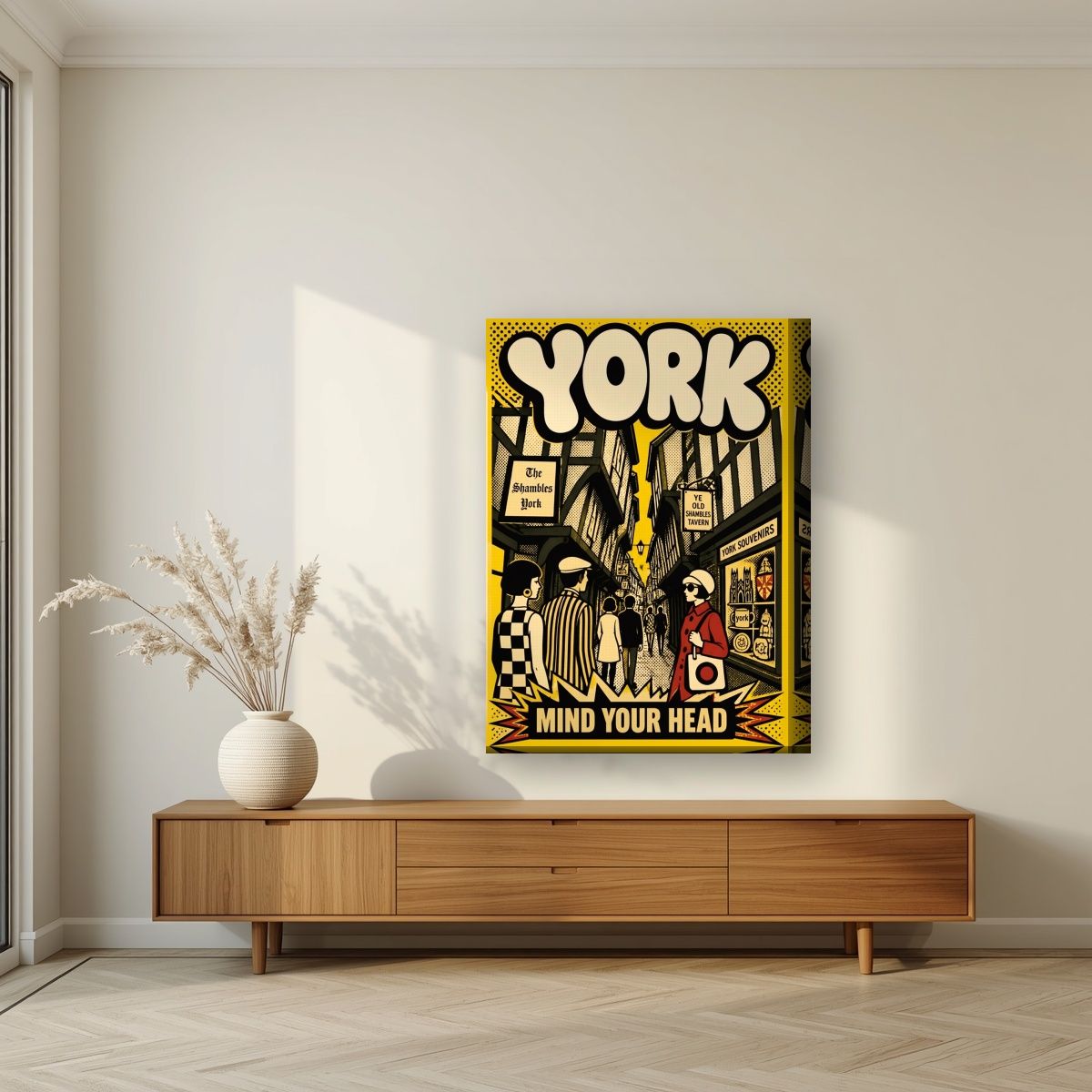 Mind Your Head — York art print, on thick canvas, styled in a living room