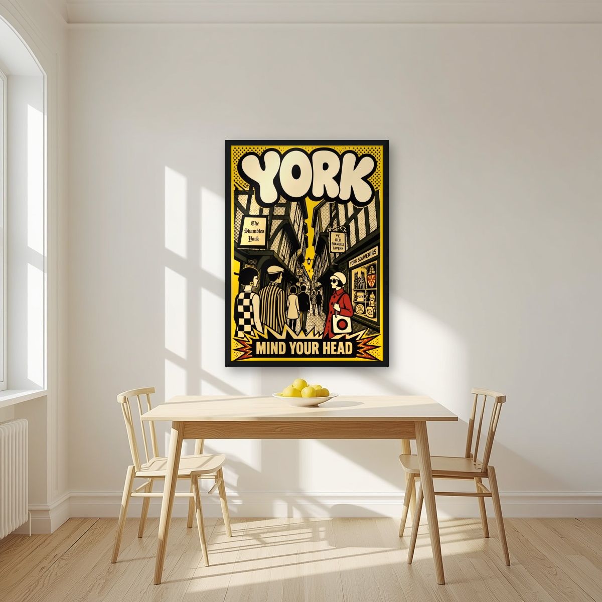 Mind Your Head — York art print, in a black frame, styled in a kitchen