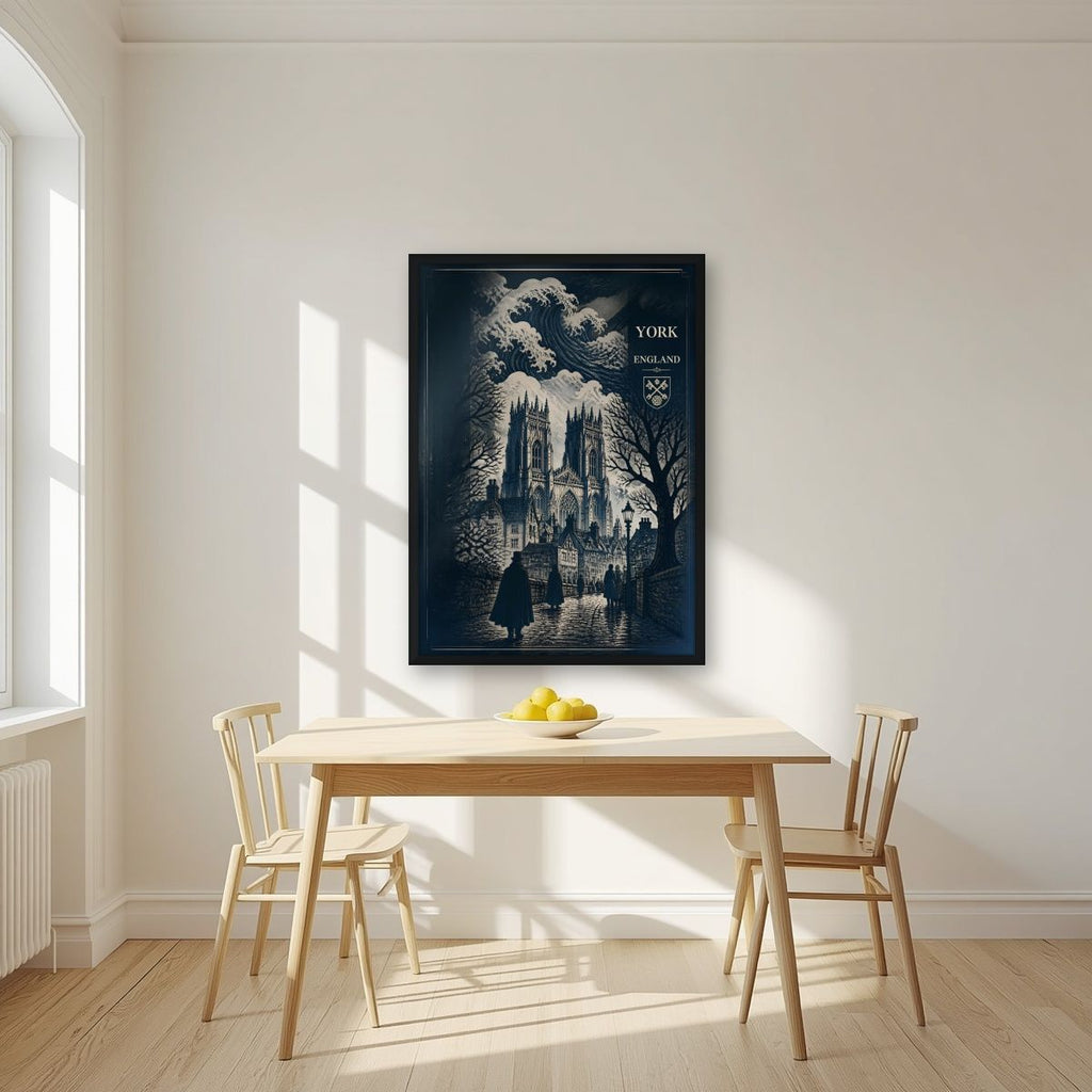 Minster In Indigo — York art print, in a black frame, styled in a kitchen