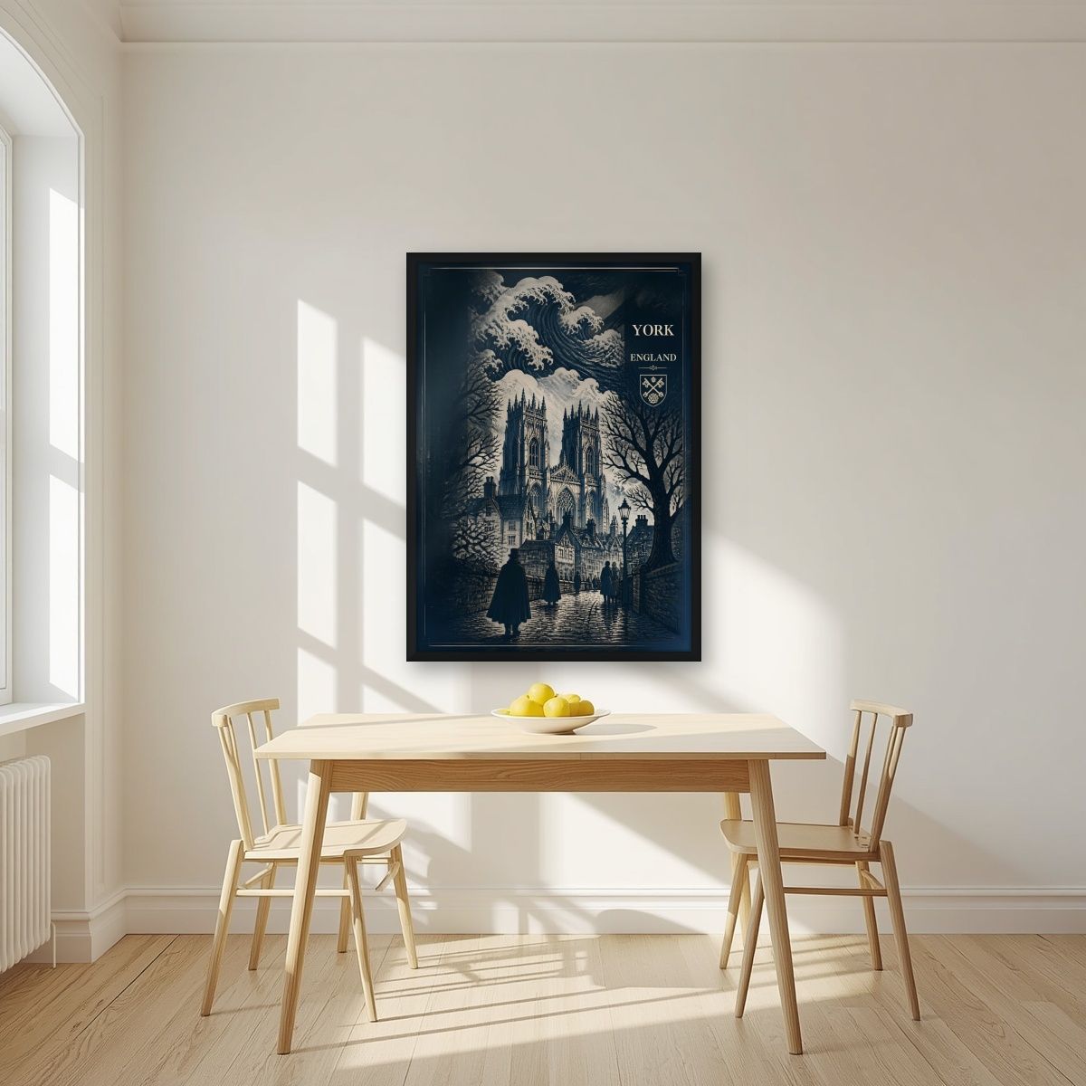 Minster In Indigo — York art print, in a black frame, styled in a kitchen