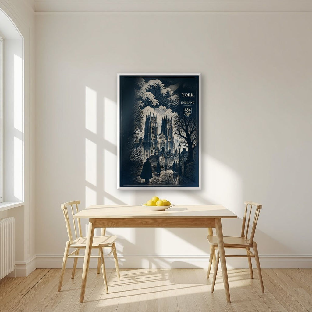 Minster In Indigo — York art print, in a white frame, styled in a kitchen