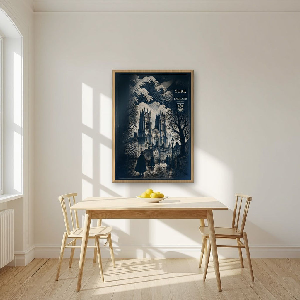Minster In Indigo — York art print, in an oak frame, styled in a kitchen