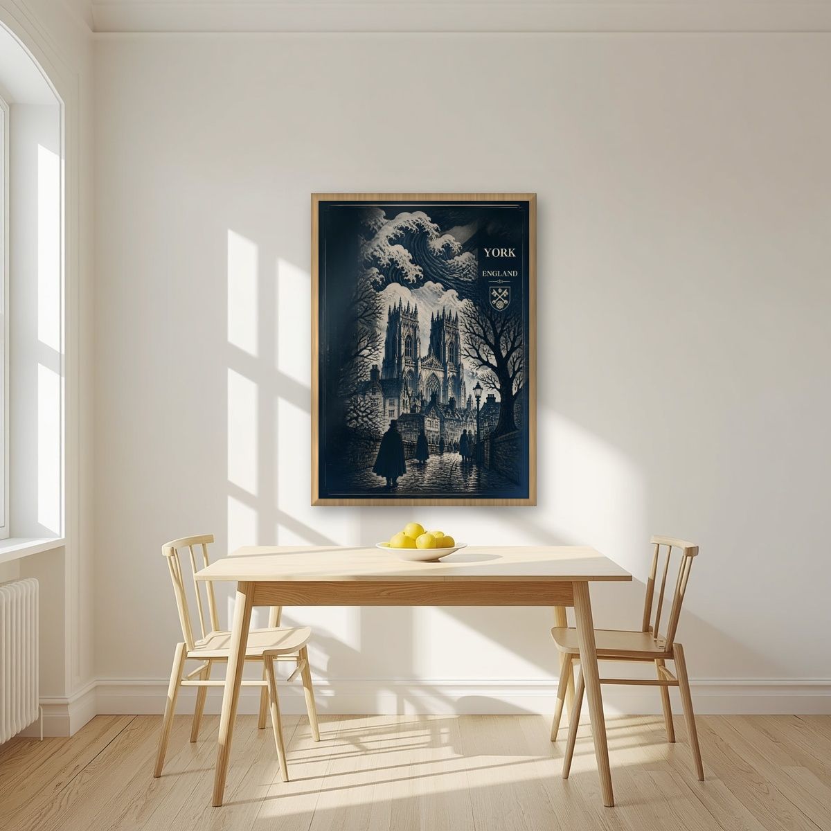 Minster In Indigo — York art print, in an oak frame, styled in a kitchen