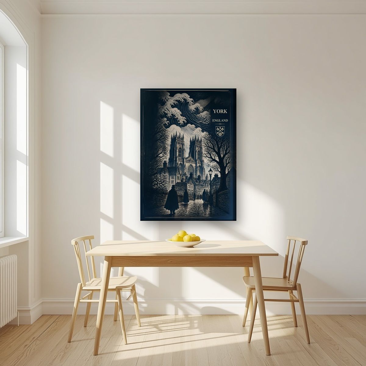 Minster In Indigo — York art print, on slim canvas, styled in a kitchen