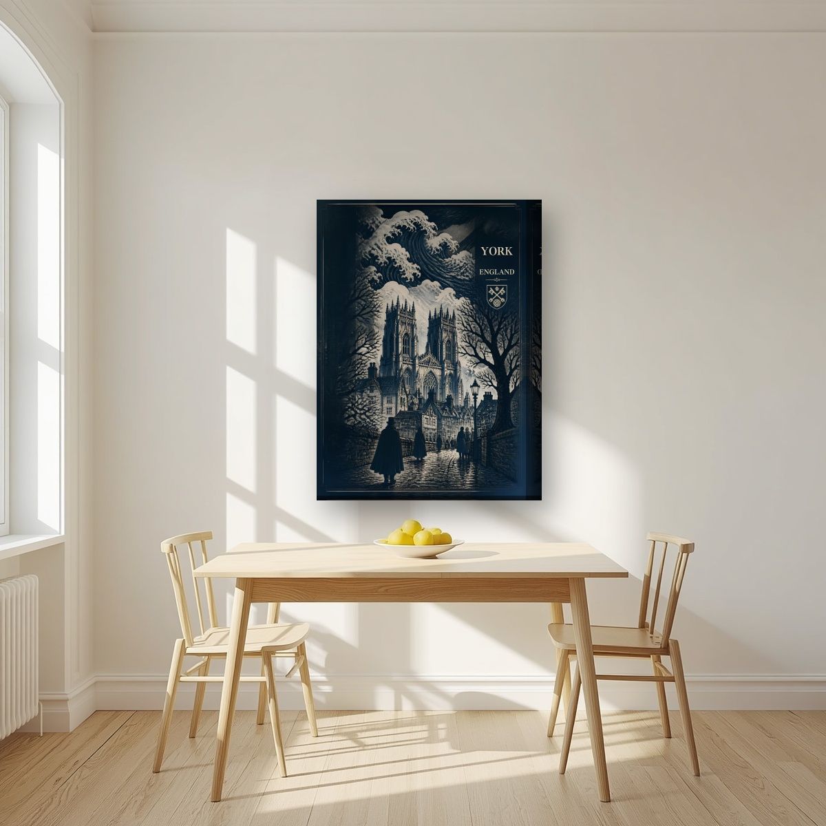 Minster In Indigo — York art print, on thick canvas, styled in a kitchen