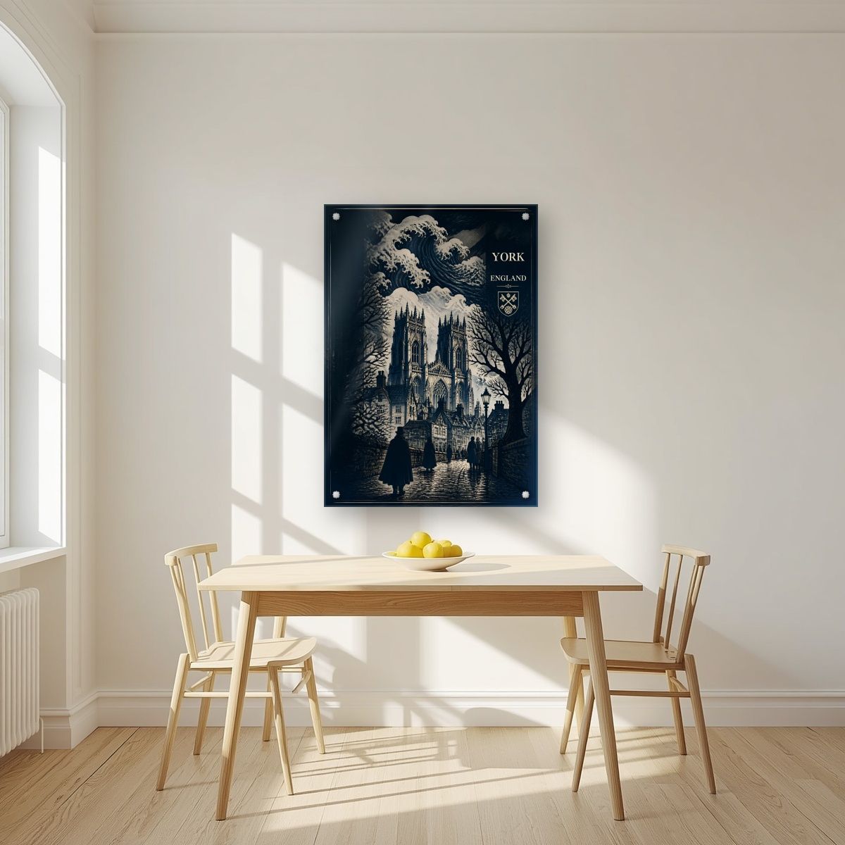 Minster In Indigo — York art print, as an acrylic print, styled in a kitchen