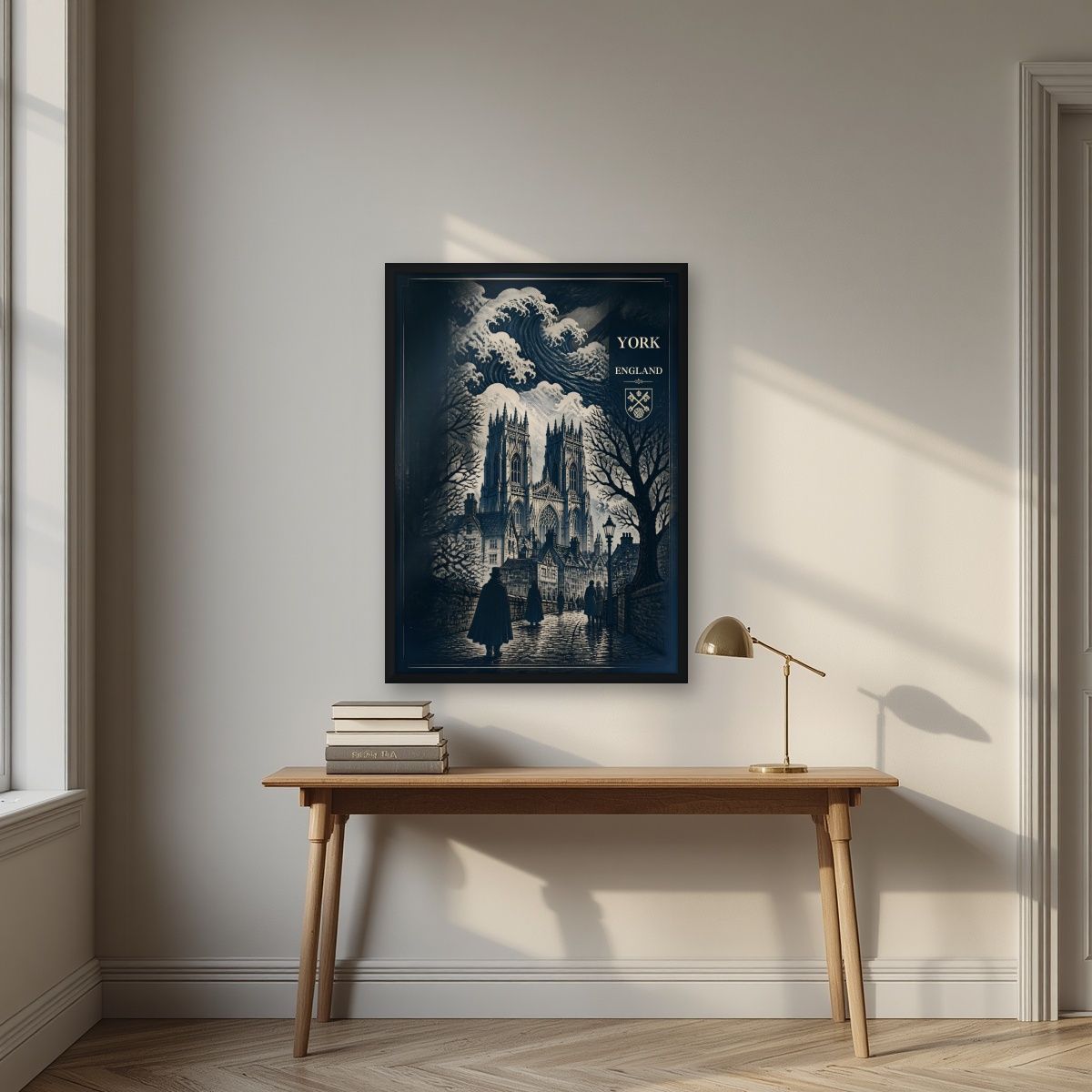 Minster In Indigo — York art print, in a black frame, styled in a desk