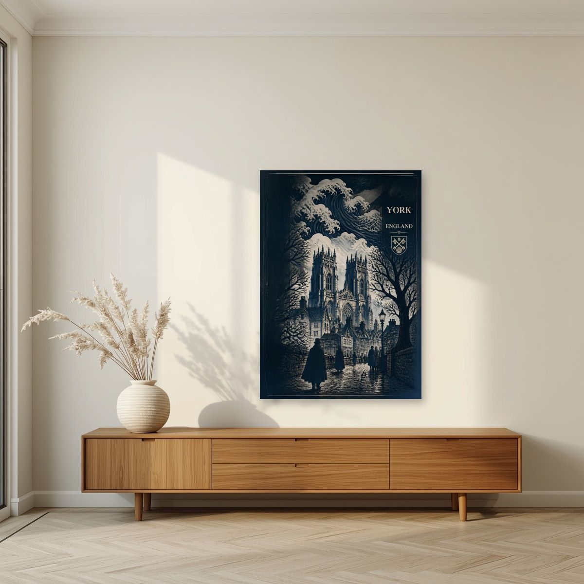 Minster In Indigo — York art print, unframed poster, styled in a living room