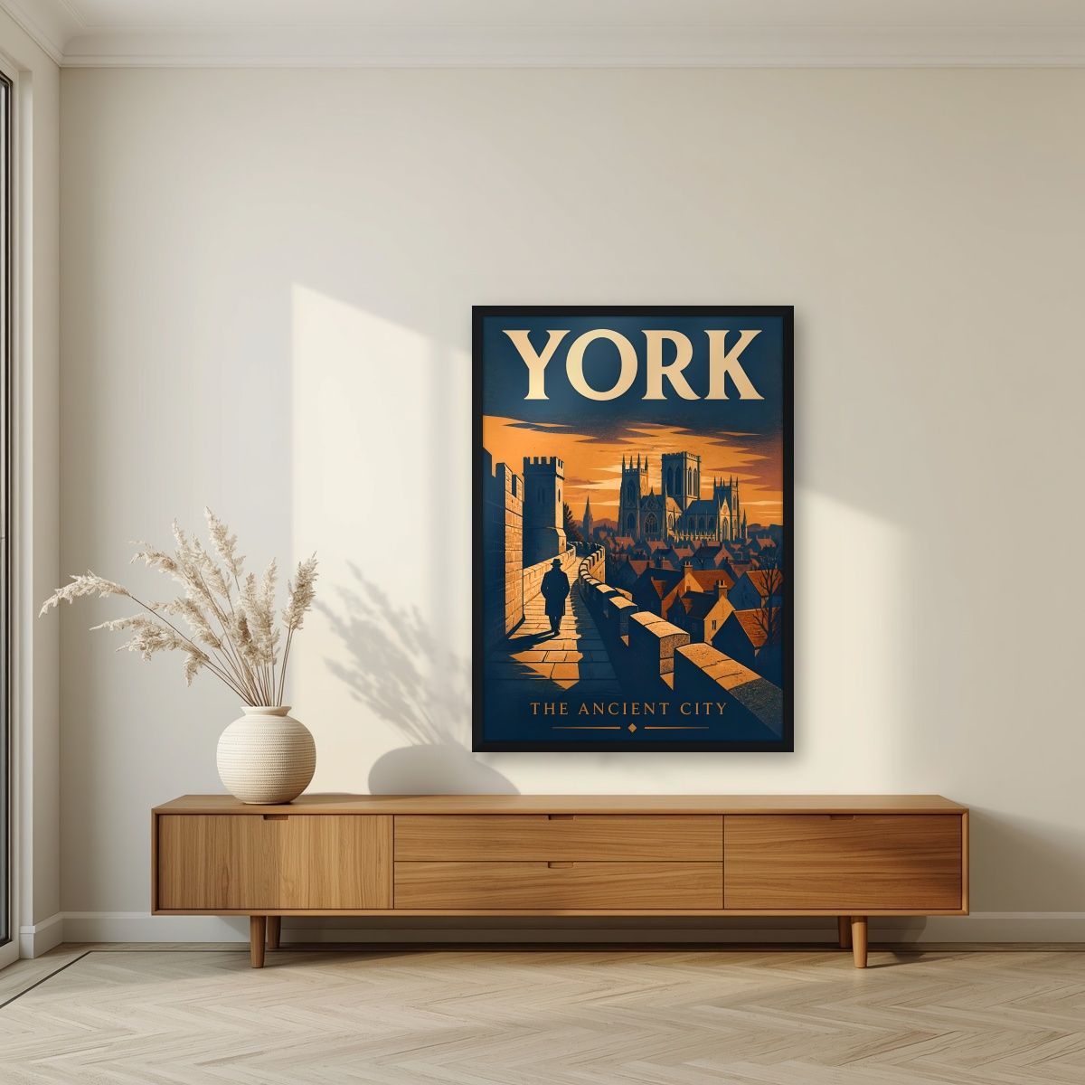 The Ancient City — York art print, in a black frame, styled in a living room