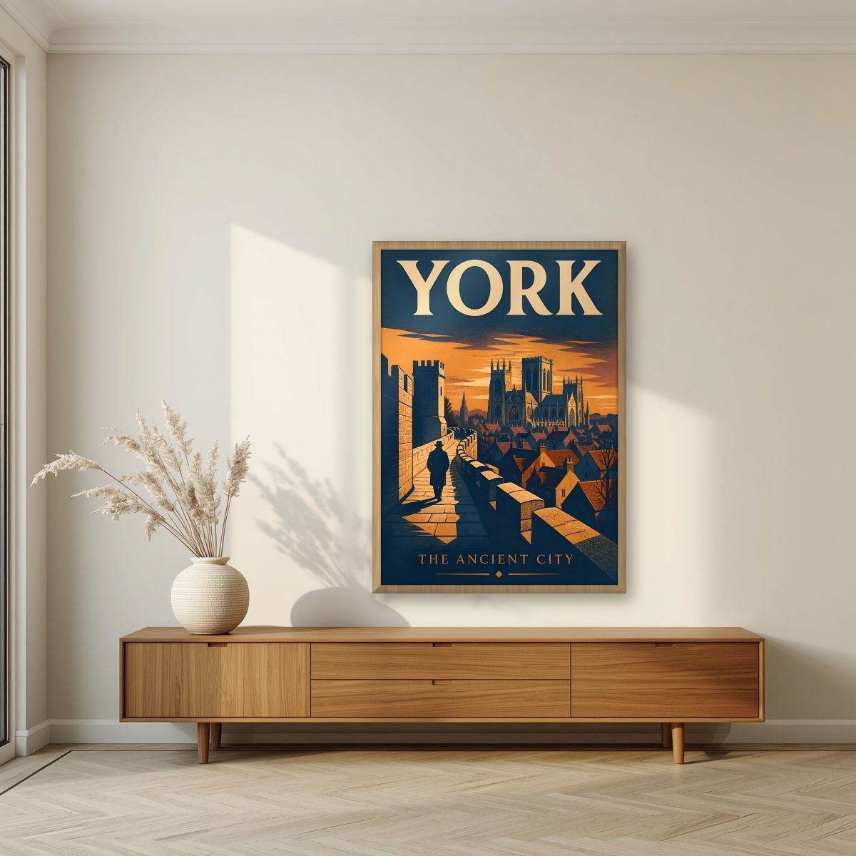 The Ancient City — York art print, in an oak frame, styled in a living room
