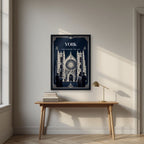 York Minster — York art print, in a black frame, styled in a desk