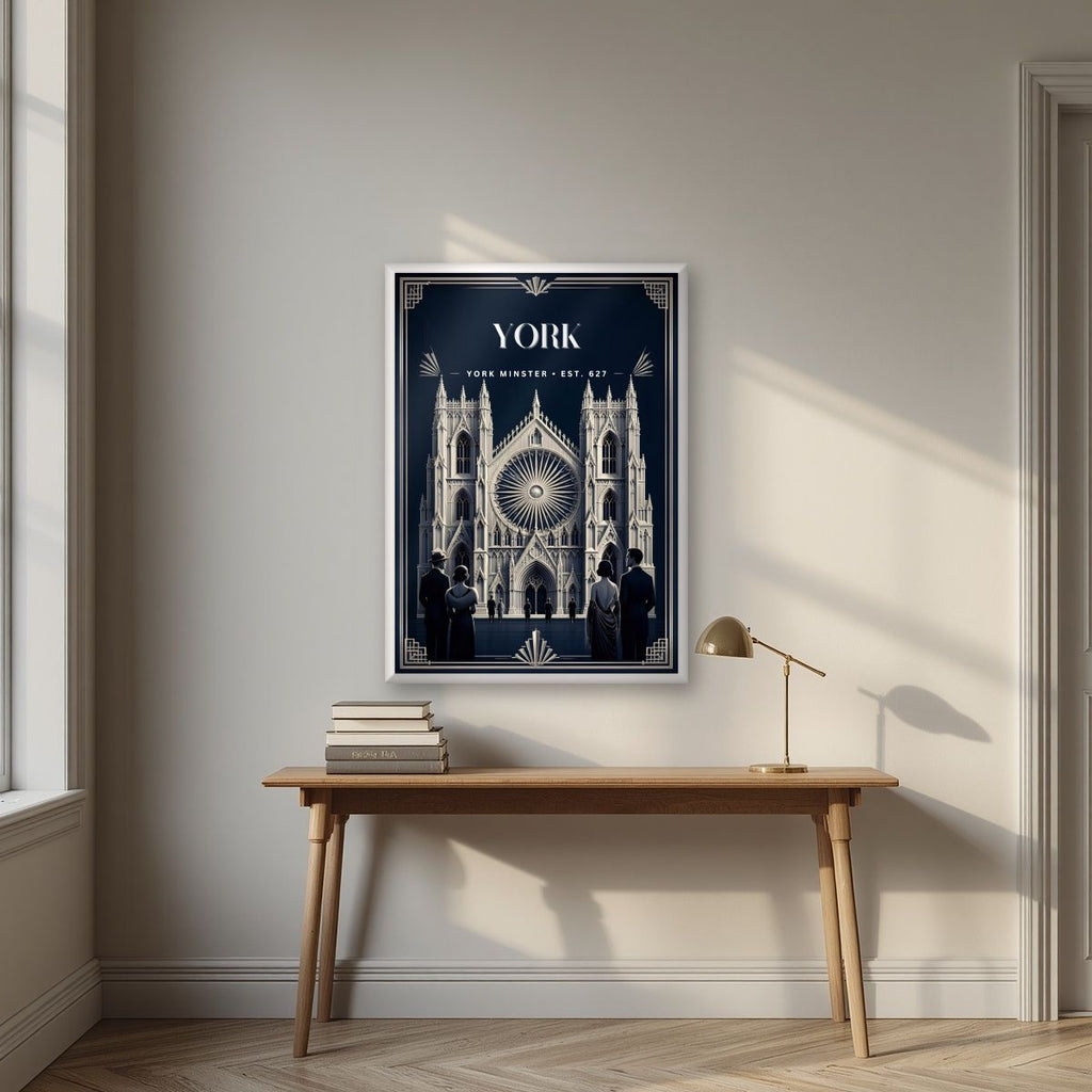York Minster — York art print, in a white frame, styled in a desk