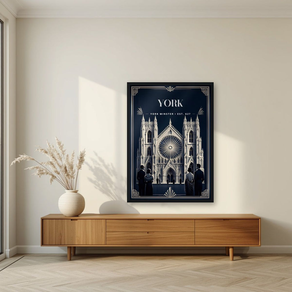 York Minster — York art print, in a black frame, styled in a living room