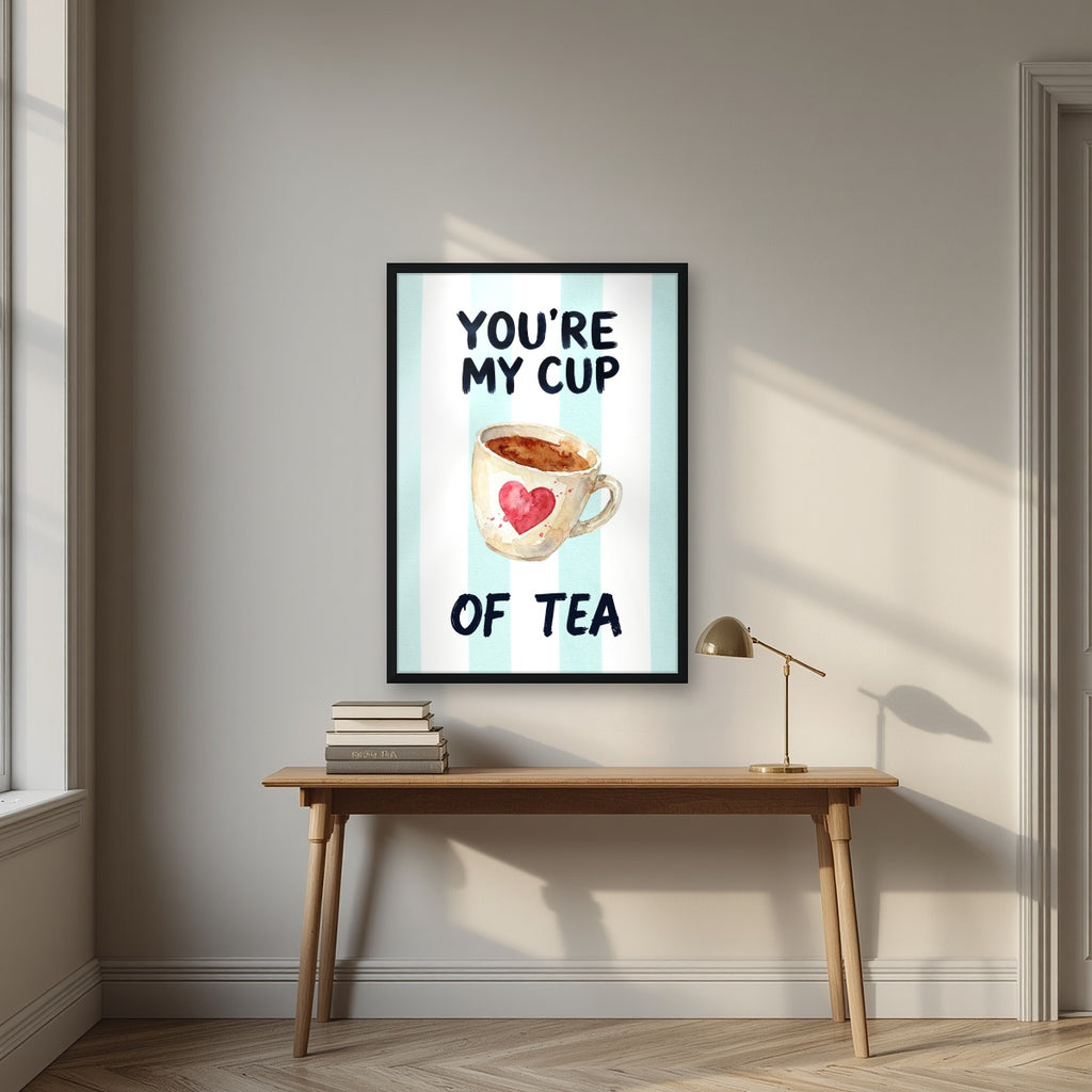 You're My Cup of Tea – Amalfi Aqua in a black frame, above an oak writing desk