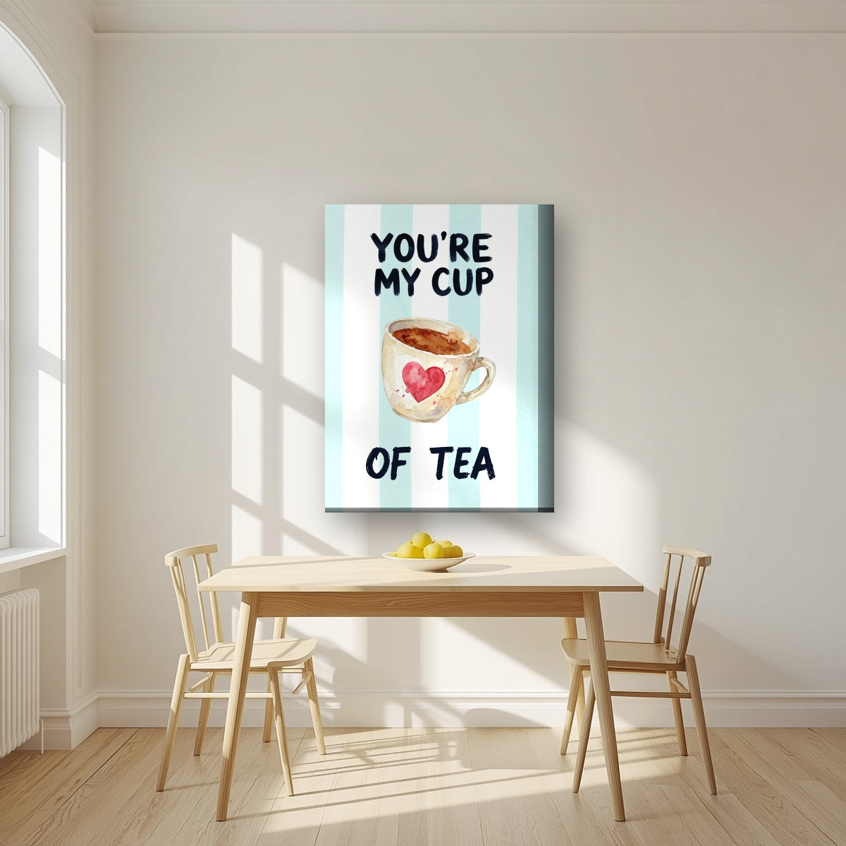 You're My Cup of Tea – Amalfi Aqua on a thick-edge canvas, above a dining table in a bright kitchen