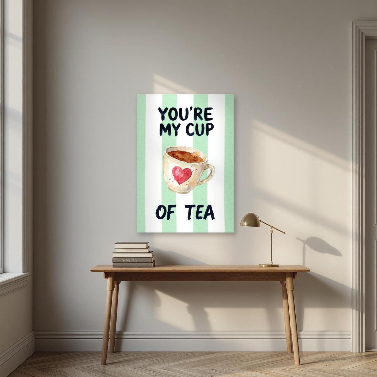 You're My Cup of Tea – Cabana Green as an unframed print, above an oak writing desk