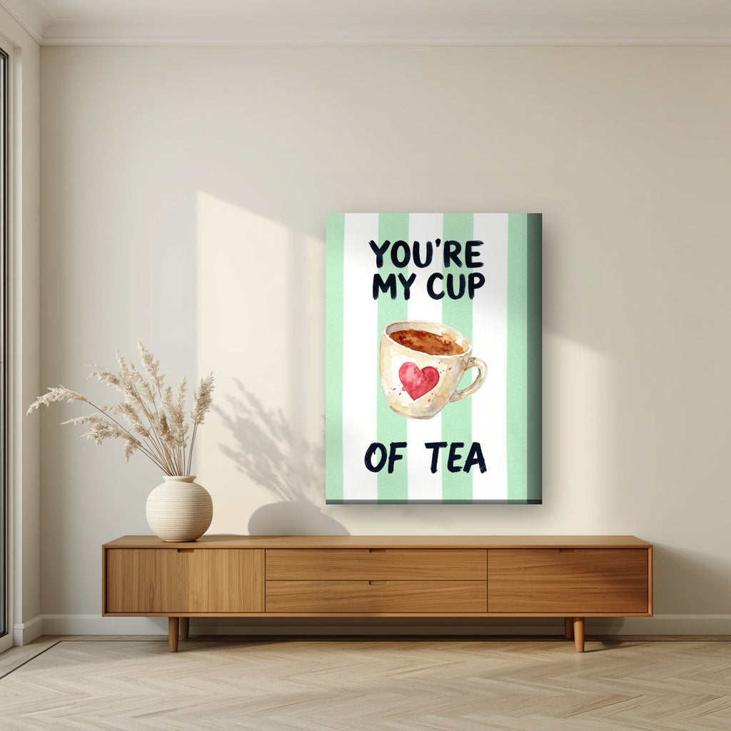 You're My Cup of Tea – Cabana Green on a thick-edge canvas, above a walnut sideboard in a living room