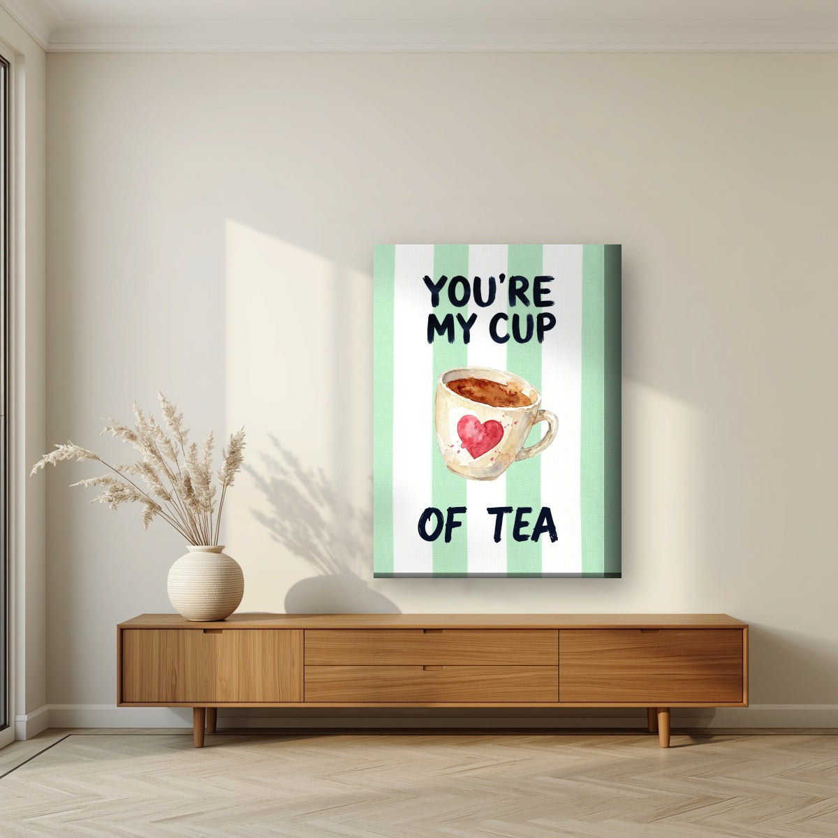 You're My Cup of Tea – Cabana Green on a thick-edge canvas, above a walnut sideboard in a living room