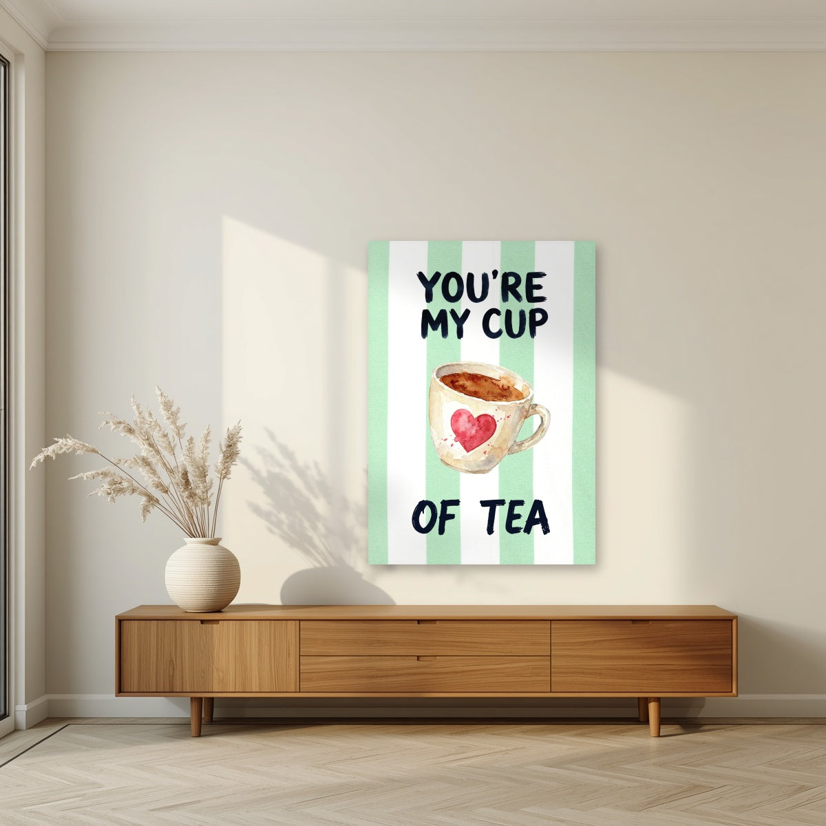 You're My Cup of Tea – Cabana Green as an unframed print, above a walnut sideboard in a living room
