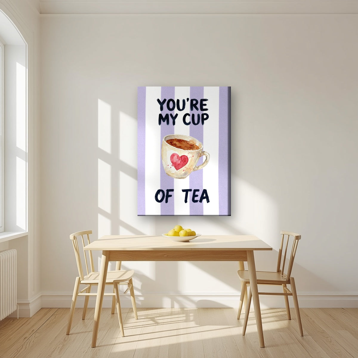 You're My Cup of Tea – Capri Violet on a slim-edge canvas, above a dining table in a bright kitchen