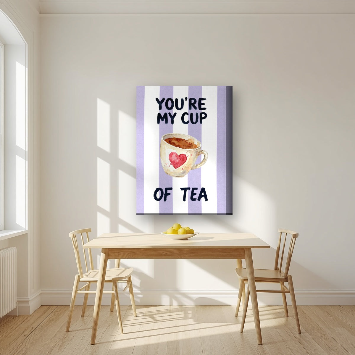 You're My Cup of Tea – Capri Violet on a thick-edge canvas, above a dining table in a bright kitchen