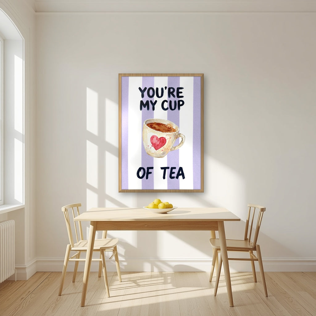 You're My Cup of Tea – Capri Violet in an oak frame, above a dining table in a bright kitchen