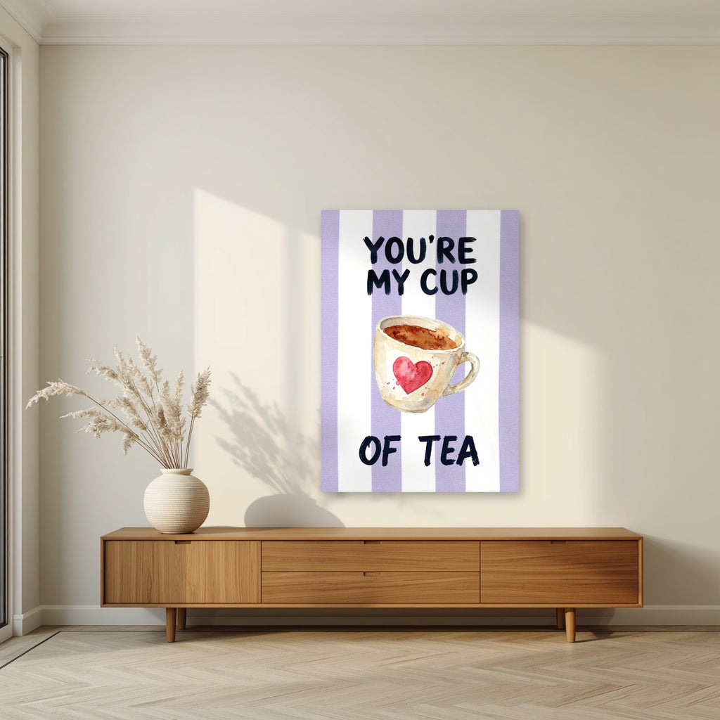 You're My Cup of Tea – Capri Violet as an unframed print, above a walnut sideboard in a living room