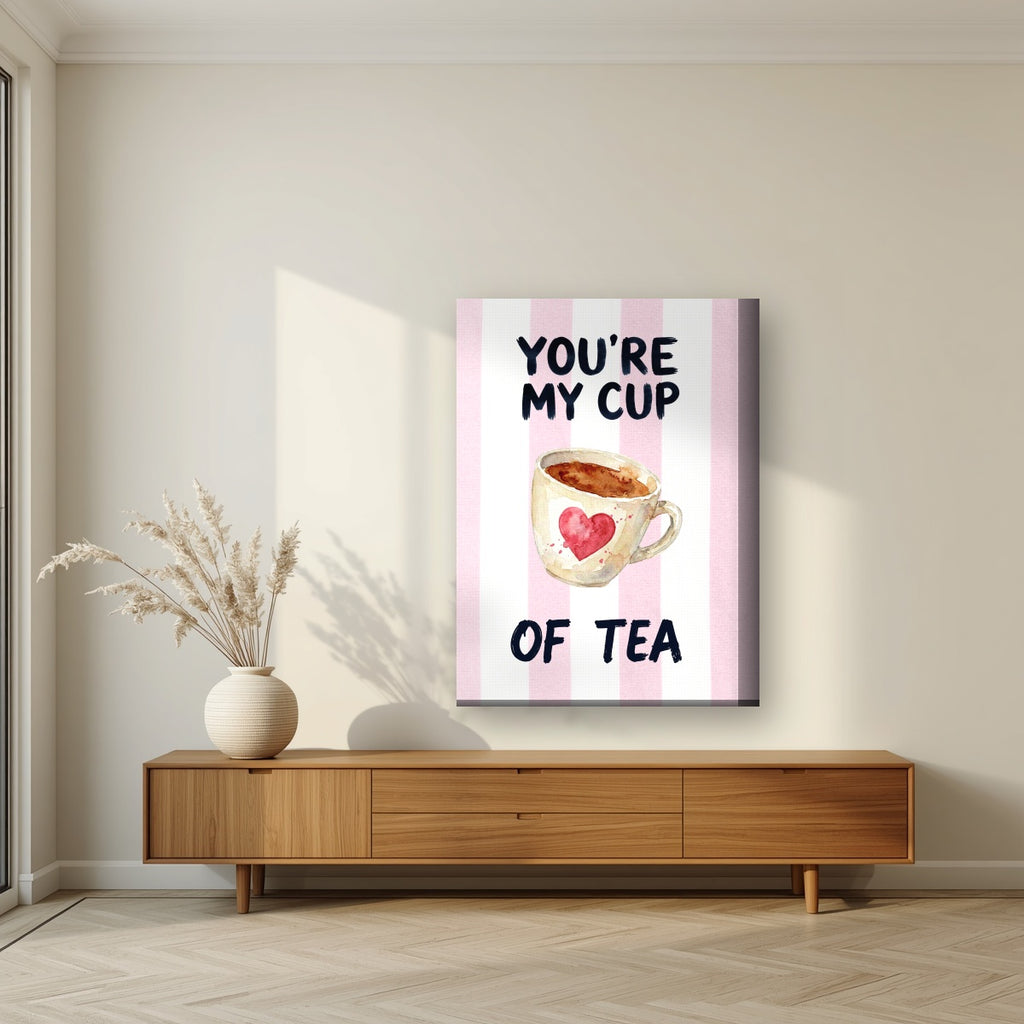You're My Cup of Tea – Positano Pink on a thick-edge canvas, above a walnut sideboard in a living room