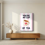 You're My Cup of Tea – Positano Pink on a thick-edge canvas, above a walnut sideboard in a living room