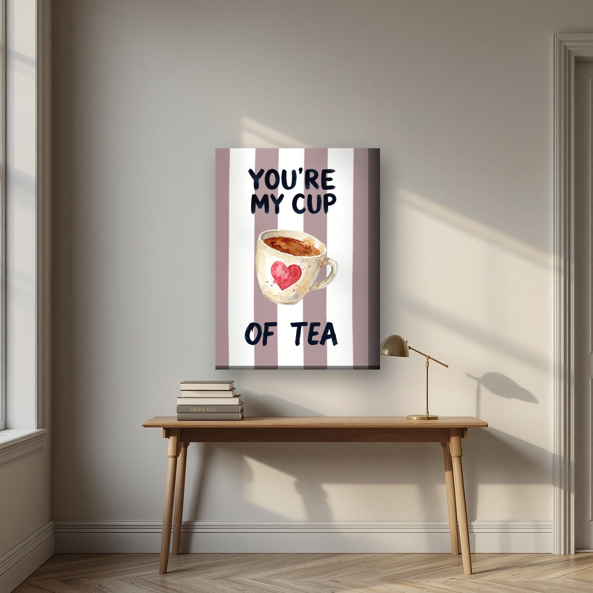You're My Cup of Tea – Tuscan Taupe on a thick-edge canvas, above an oak writing desk