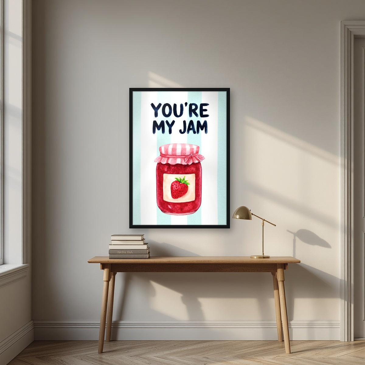 You're My Jam – Amalfi Aqua in a black frame, above an oak writing desk