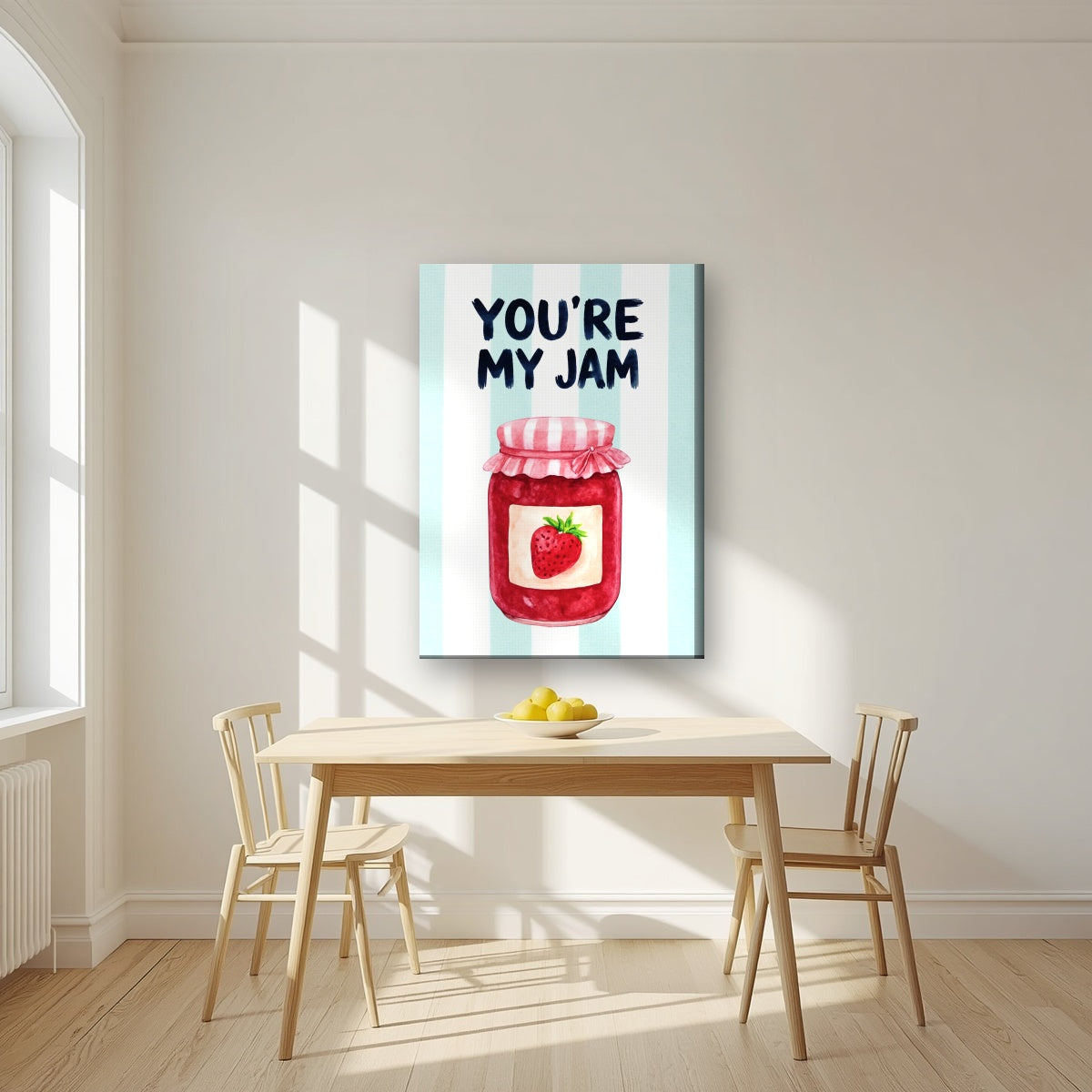 You're My Jam – Amalfi Aqua on a slim-edge canvas, above a dining table in a bright kitchen