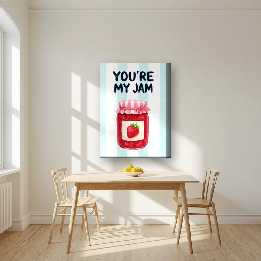 You're My Jam – Amalfi Aqua on a thick-edge canvas, above a dining table in a bright kitchen