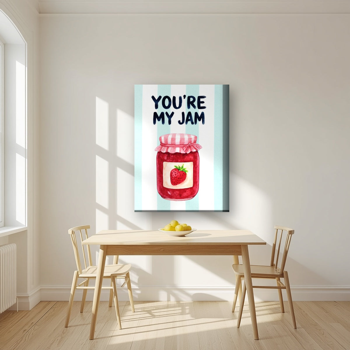 You're My Jam – Amalfi Aqua on a thick-edge canvas, above a dining table in a bright kitchen