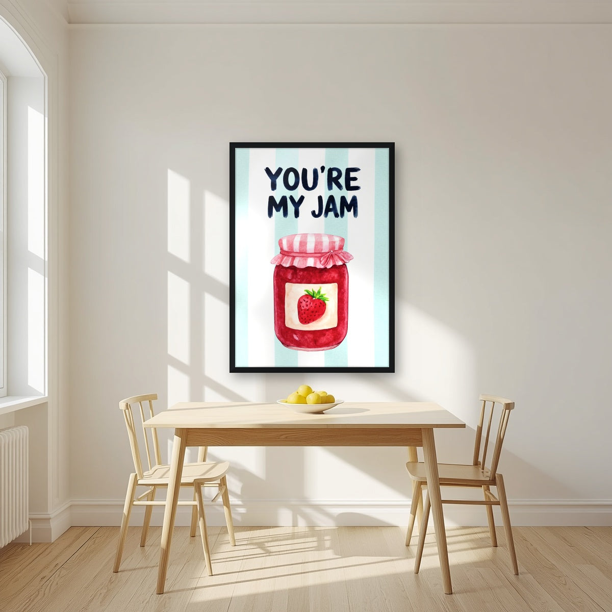 You're My Jam – Amalfi Aqua in a black frame, above a dining table in a bright kitchen