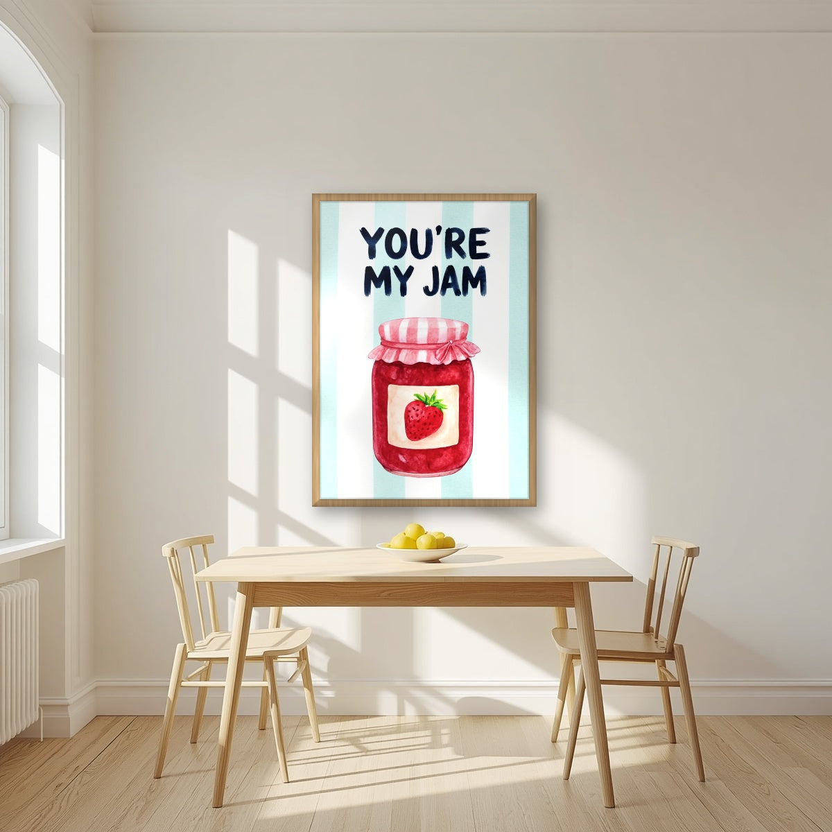 You're My Jam – Amalfi Aqua in an oak frame, above a dining table in a bright kitchen