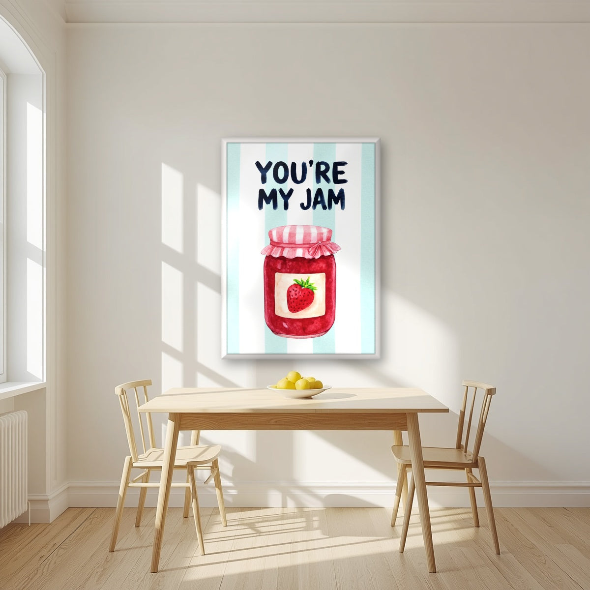 You're My Jam – Amalfi Aqua in a white frame, above a dining table in a bright kitchen