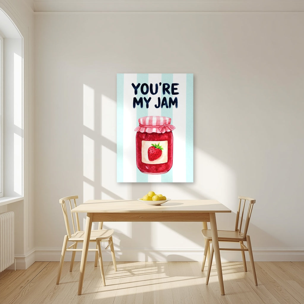 You're My Jam – Amalfi Aqua as an unframed print, above a dining table in a bright kitchen
