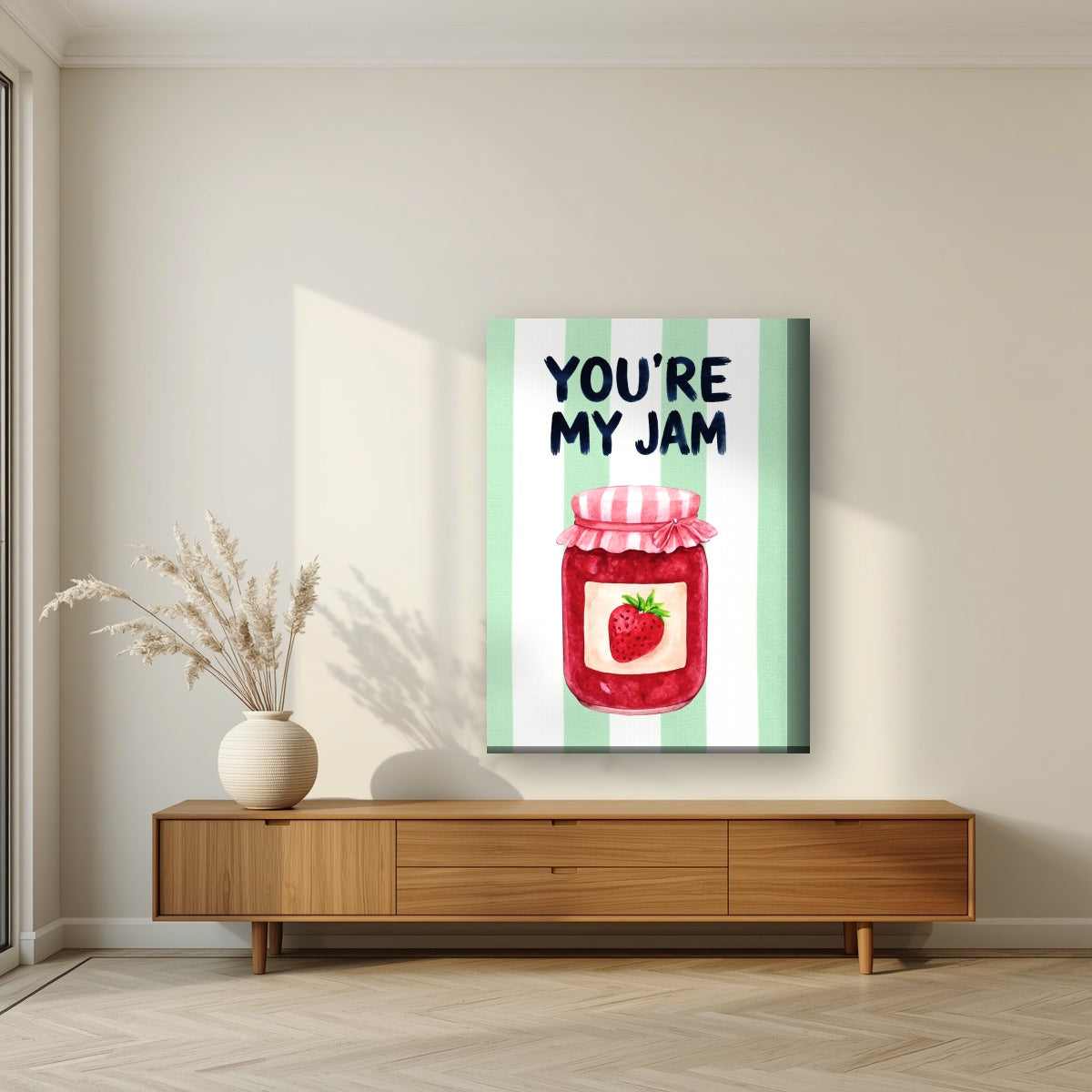 You're My Jam – Cabana Green on a thick-edge canvas, above a walnut sideboard in a living room